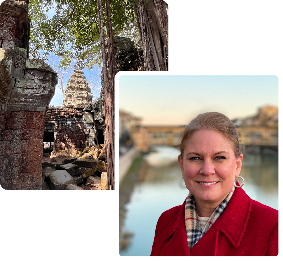 Ancient temple and smiling woman in red.