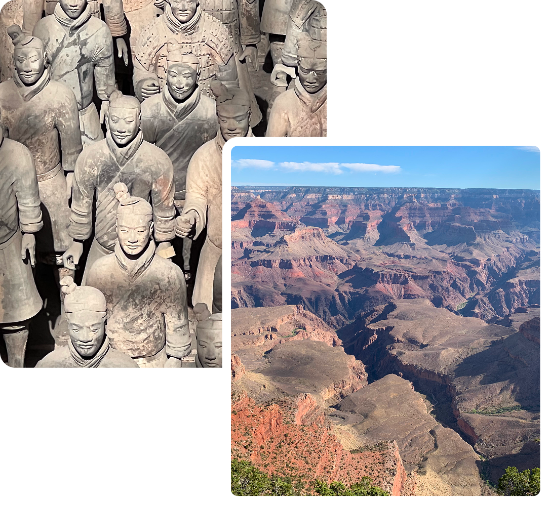 Terracotta warriors and Grand Canyon landscape.
