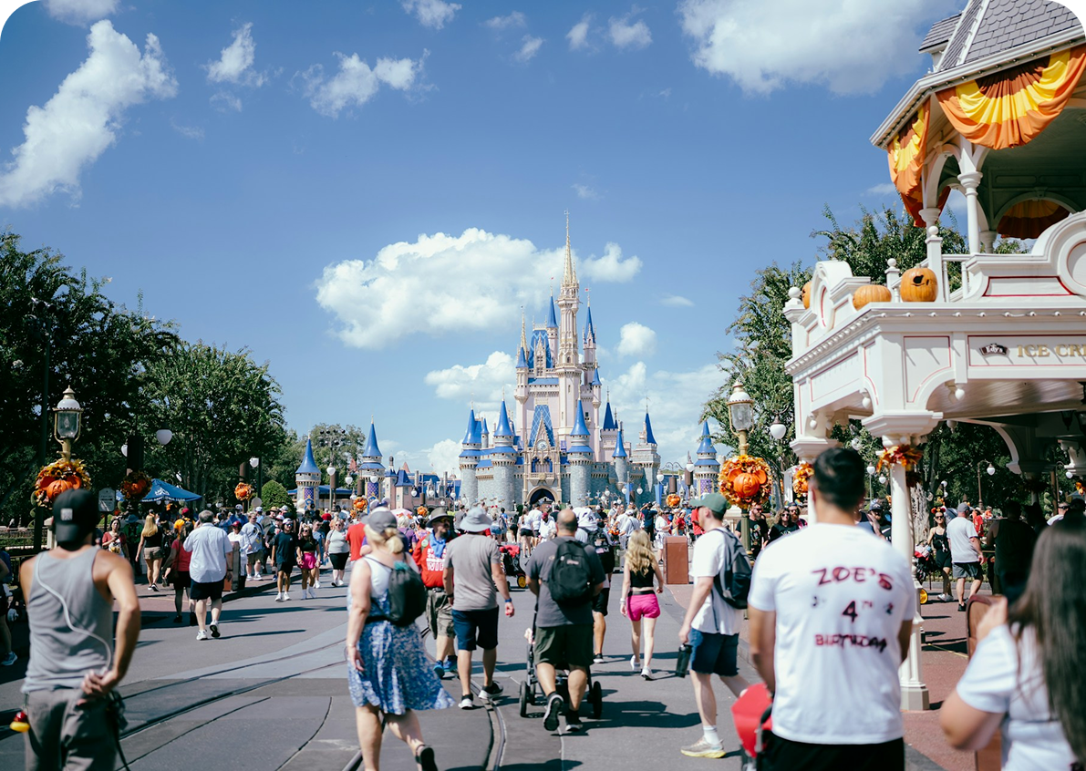 People walking towards a castle, theme park.