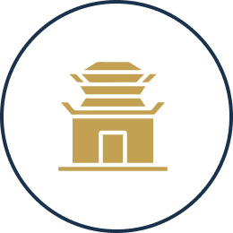 Pagoda icon inside a dark circular border.