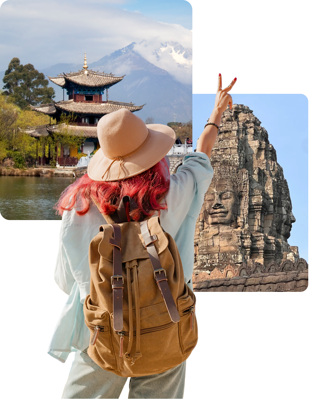 Traveler exploring Asian landmarks, peace sign raised.