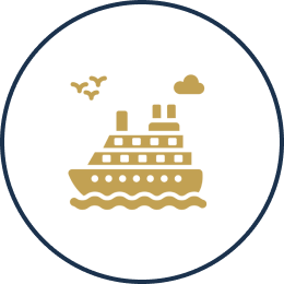 Ship icon with birds and cloud.