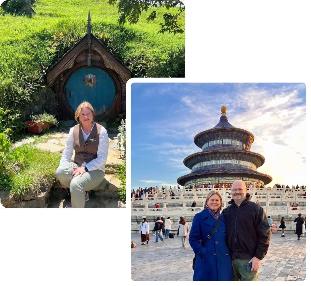 Person sitting and couple at famous landmarks.